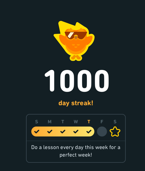 Screenshot 2024-04-11 at 09.47.54.png A screenshot of the duolingo web app showing off the 1000 day streak